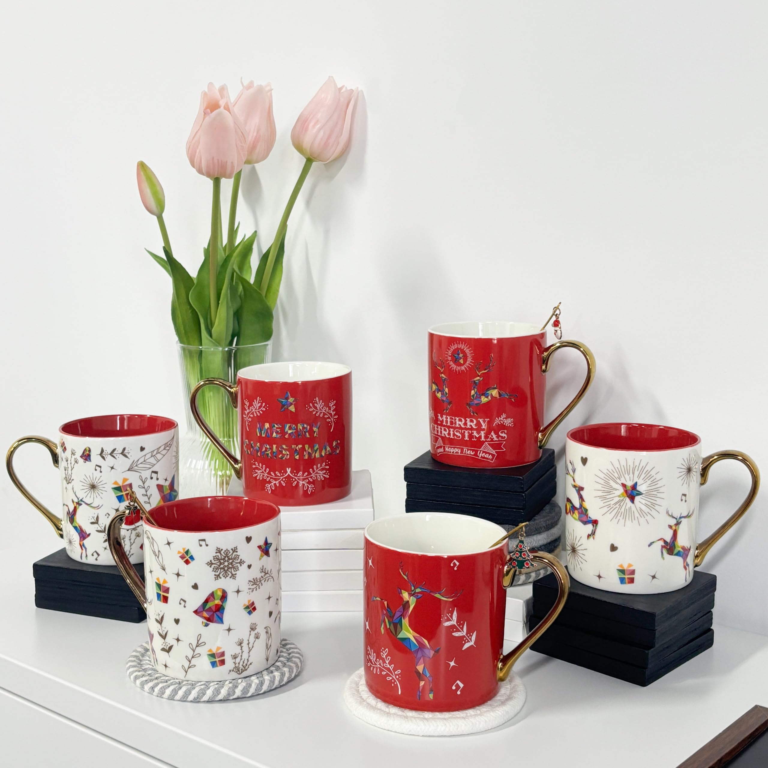 FLLETY Christmas Coffee Mugs, 6 Piece Christmas Mug Set, Christmas Theme Coffee Mug Set, Christmas Gifts for Your Family/Colleagues/Friends, Christmas Coffee Mugs for Family Gatherings/Holiday Parties