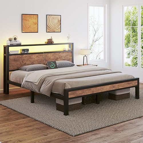 Miniatura 3 de Base de cama de tamaño matrimonial con estación de carga y luces LED, plataforma de metal con cabecera de almacenamiento de 2 niveles, sin ruido, no