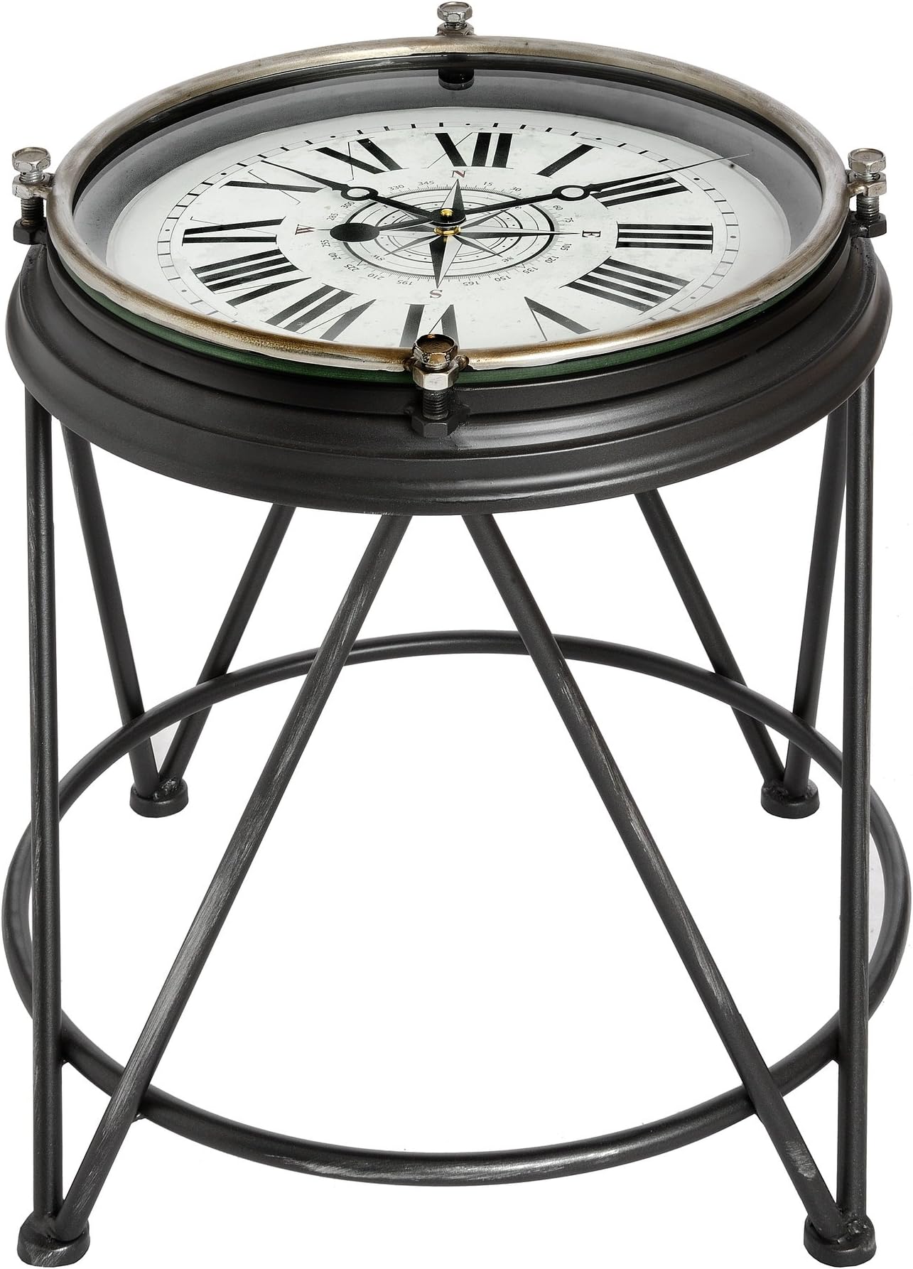 50cm High Contemporary Compass Clock Side Occasional Metal Lamp Table - Black, White & Glass