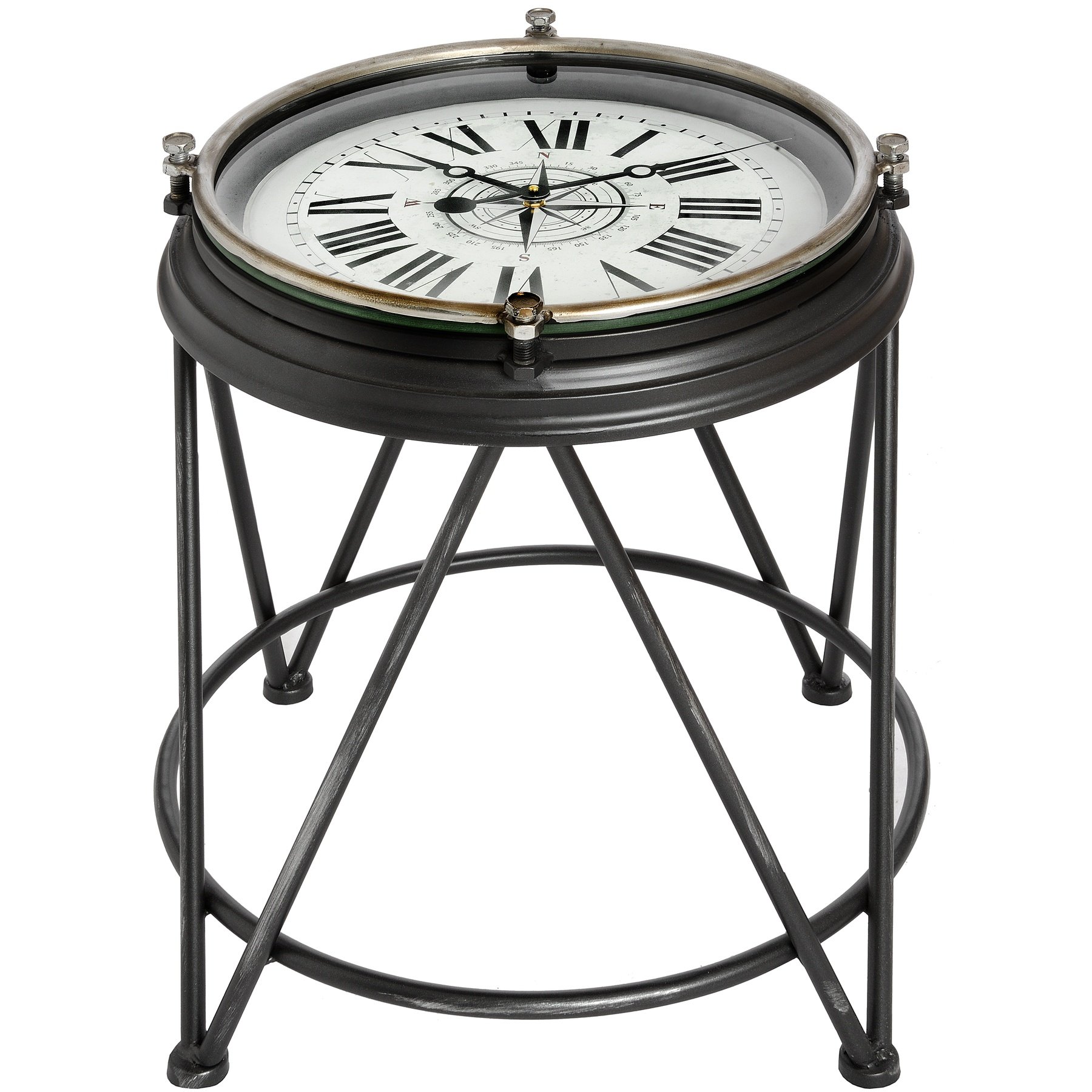 50cm High Contemporary Compass Clock Side Occasional Metal Lamp Table - Black, White & Glass