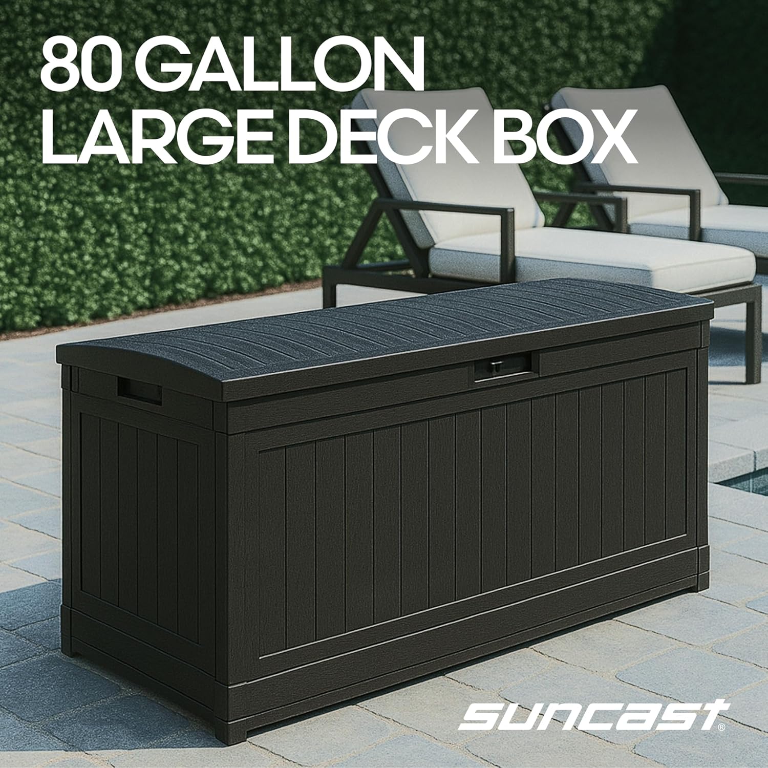 Suncast 80-Gal. Waterproof Resin Large Outdoor Patio Deck Box with Pad-Lockable Lid, Modern Outdoor Patio Bench/Storage Box for Cushions, Garden Tools, and More, Iron Ore - Image 2