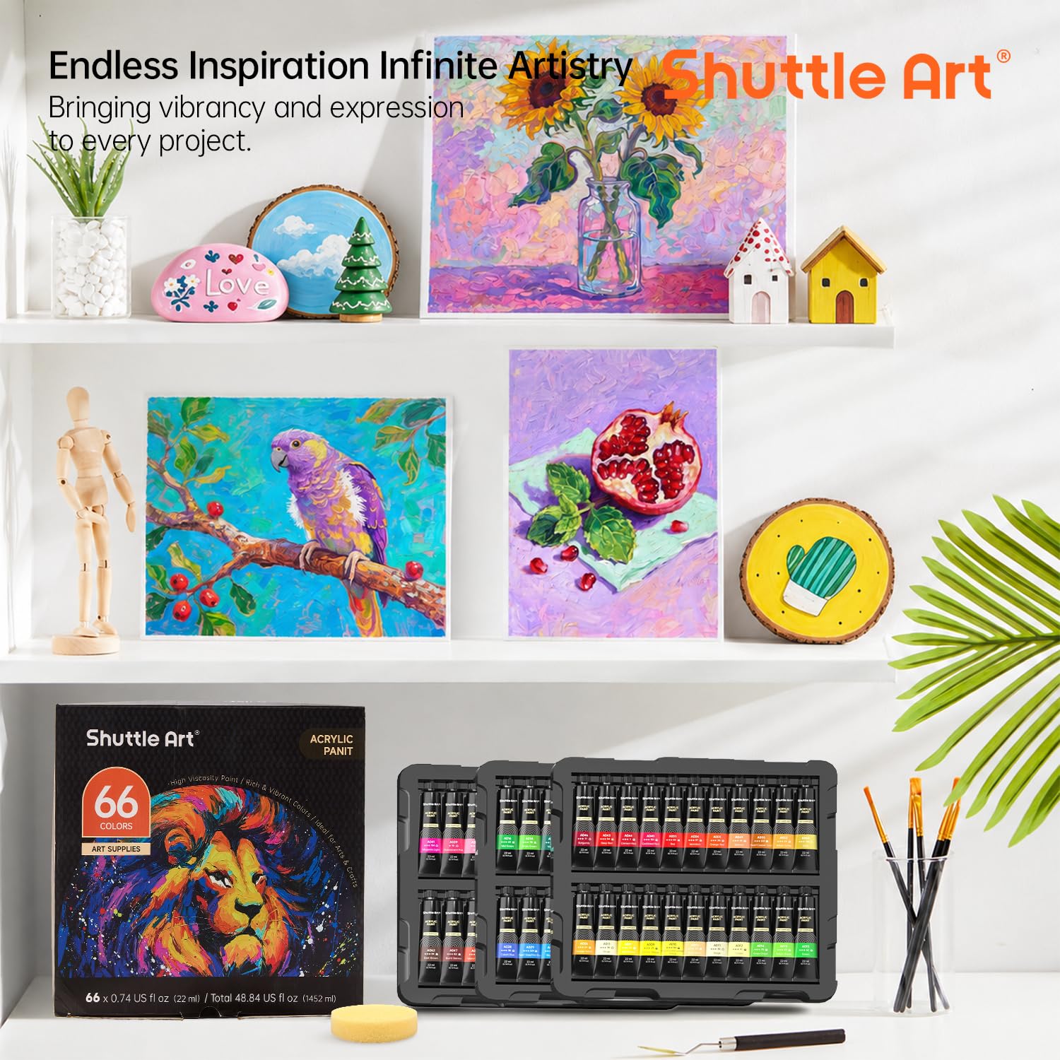 Zestaw PitturaAcrilica Shuttle Art 66 Farb akrylowych 22ml/Tubo 3 Spazzole, Qualità Professionale per Gli Artisti