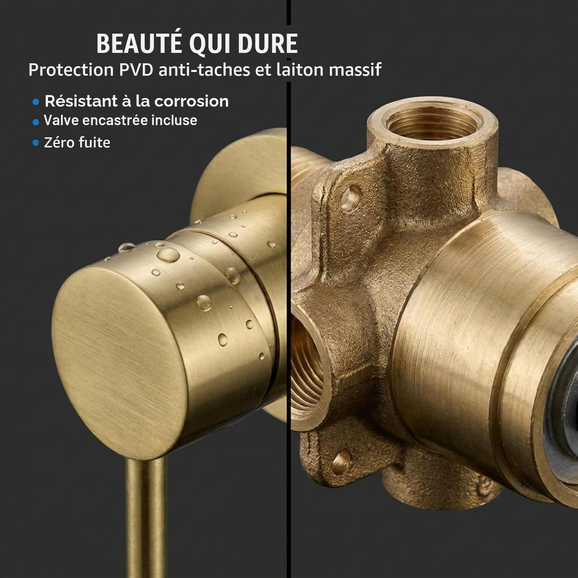 VALAZ Robinet Salle Bain Mural | Mitigeur Lavabo, Mélangeur Eau Froide et Chaude, Pas de Fuites, Installation Facile | Laiton, Inoxydable, Doré Brossé Protecion PVD, Rond, Bec 15 cm, Série Gualquivir