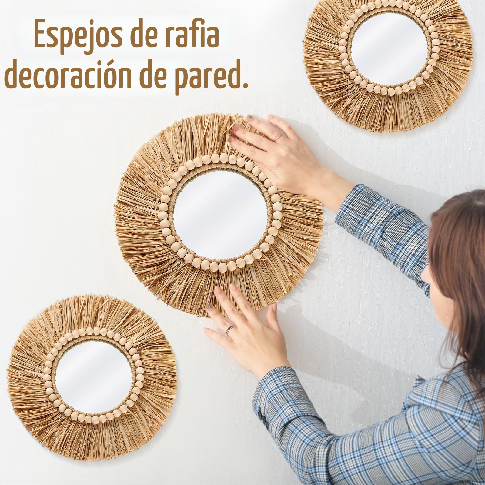 3 espejos de rafia bohemios para colgar en la pared, 15.8 pulgadas, 11.8 pulgadas, redondos, redondos, bohemios, con cuentas de madera, espejos estéticos para dormitorio, sala de estar, baño