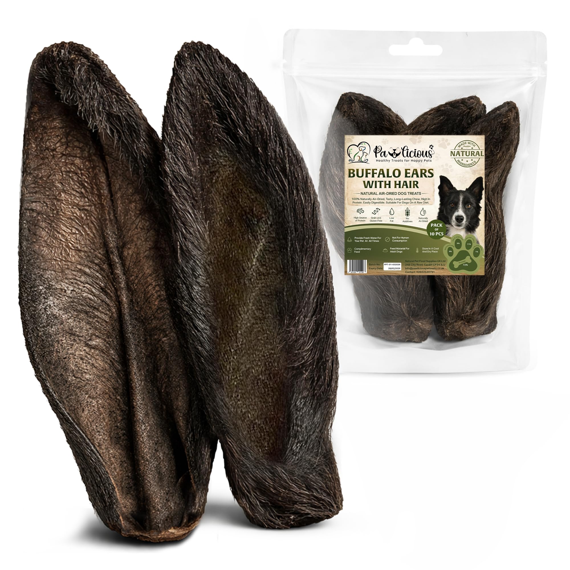 Pawlicious Air-Dried Buffalo Ears with Hair for Dogs, 10 Pack, 100% Natural, Grain Free, High Protein Chew