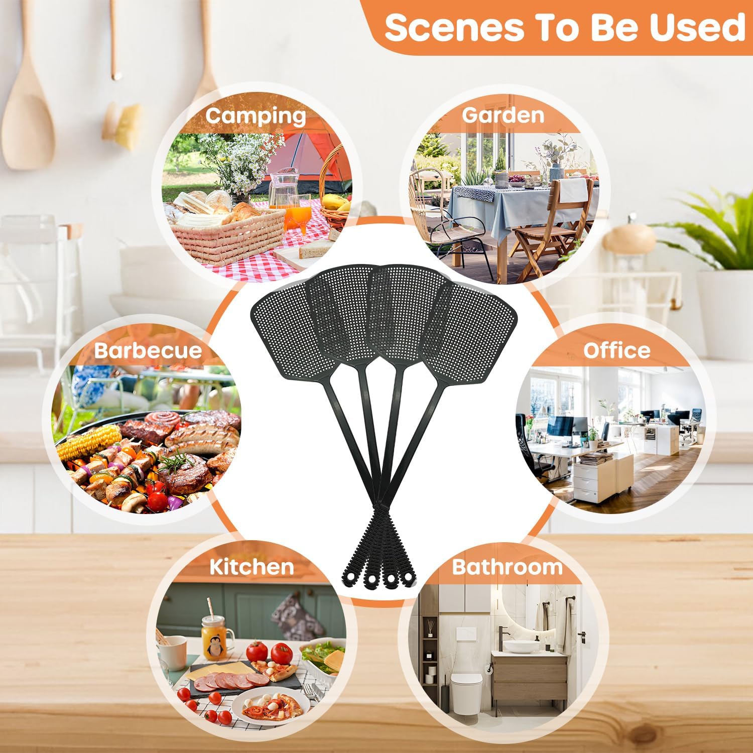 Set di 4 scacciamosche stabili manuali per mosche, zanzare, in plastica, con manico lungo, grande superficie d'impatto, per mosche, zanzare e insetti, colore nero