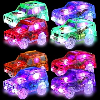8 Pack Light Up Tracks Cars Multicolor Off Road Cars Toy Light Up Toy Cars Track Vehicles with LED Flashing Lights Compatible with Most Tracks