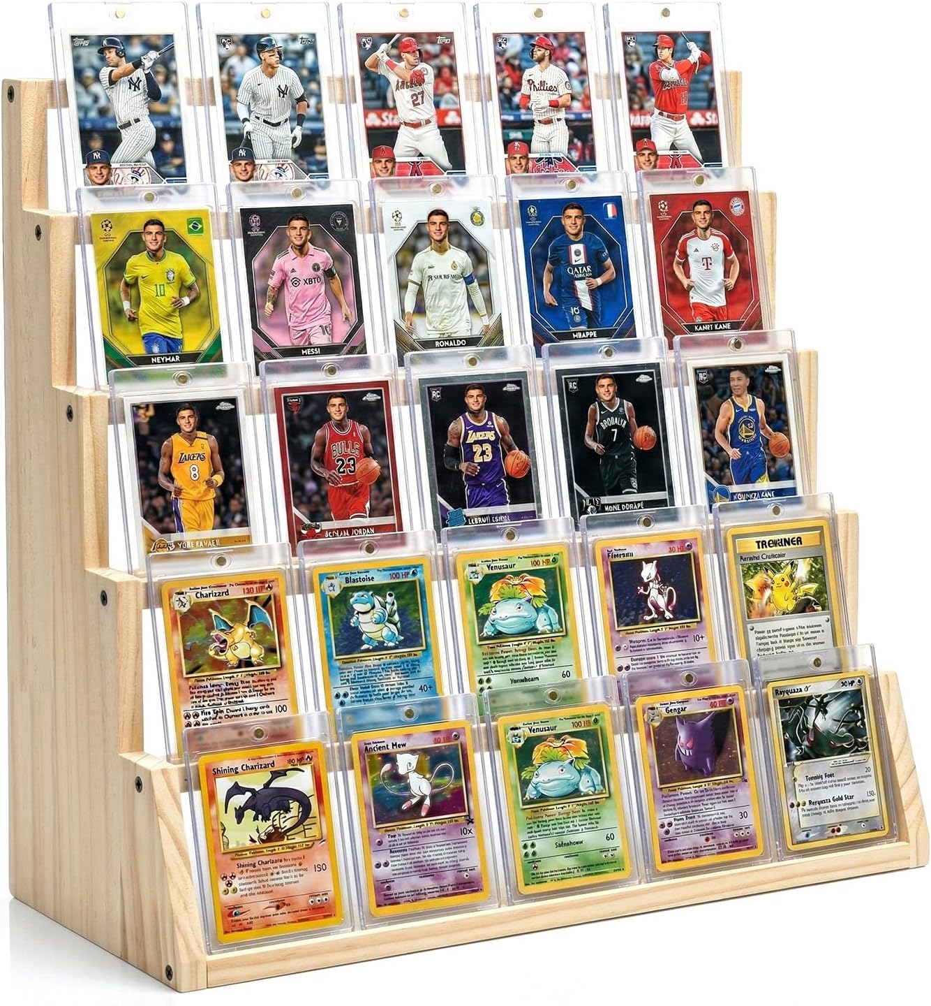 5 Tier Wooden Card Display Stand – Vertical Card Holder Display for Trading Cards, Game Cards, Sports Cards, Graded PSA/BGS/SGC, Baseball, Basketball&Football(Soccer) Card Stand, Desk & Shelf Organize,Natural