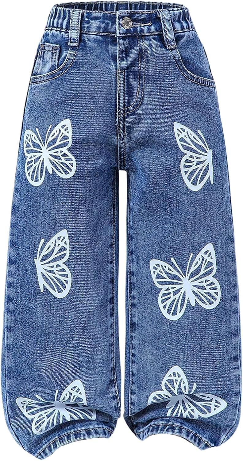 GORGLITTER Girl's Baggy Jeans Adjustable Elastic Waist Straight Wide Leg Denim Pants Trendy Streetwear Trousers