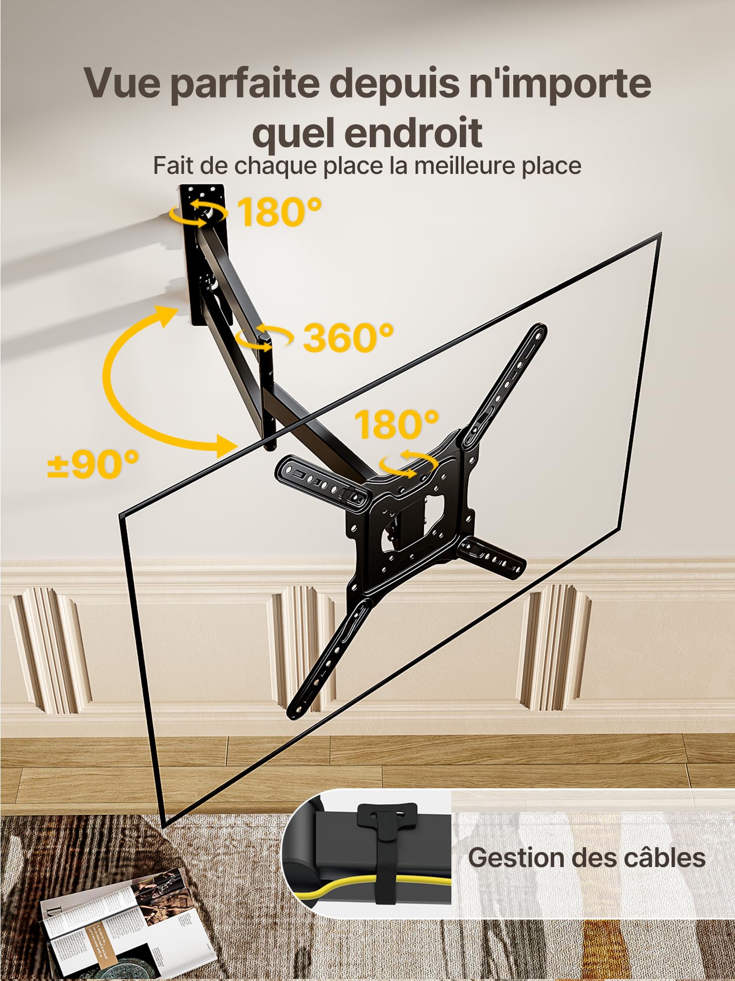 monTEK Support Mural TV à Extra Longue Portée 728mm, pour écrans 23"-65" | Fixation Murale TV jusqu'à 35kg, Orientable et Inclinable, Support TV d'angle, Extension Longue Distance, Max VESA 400x400 mm