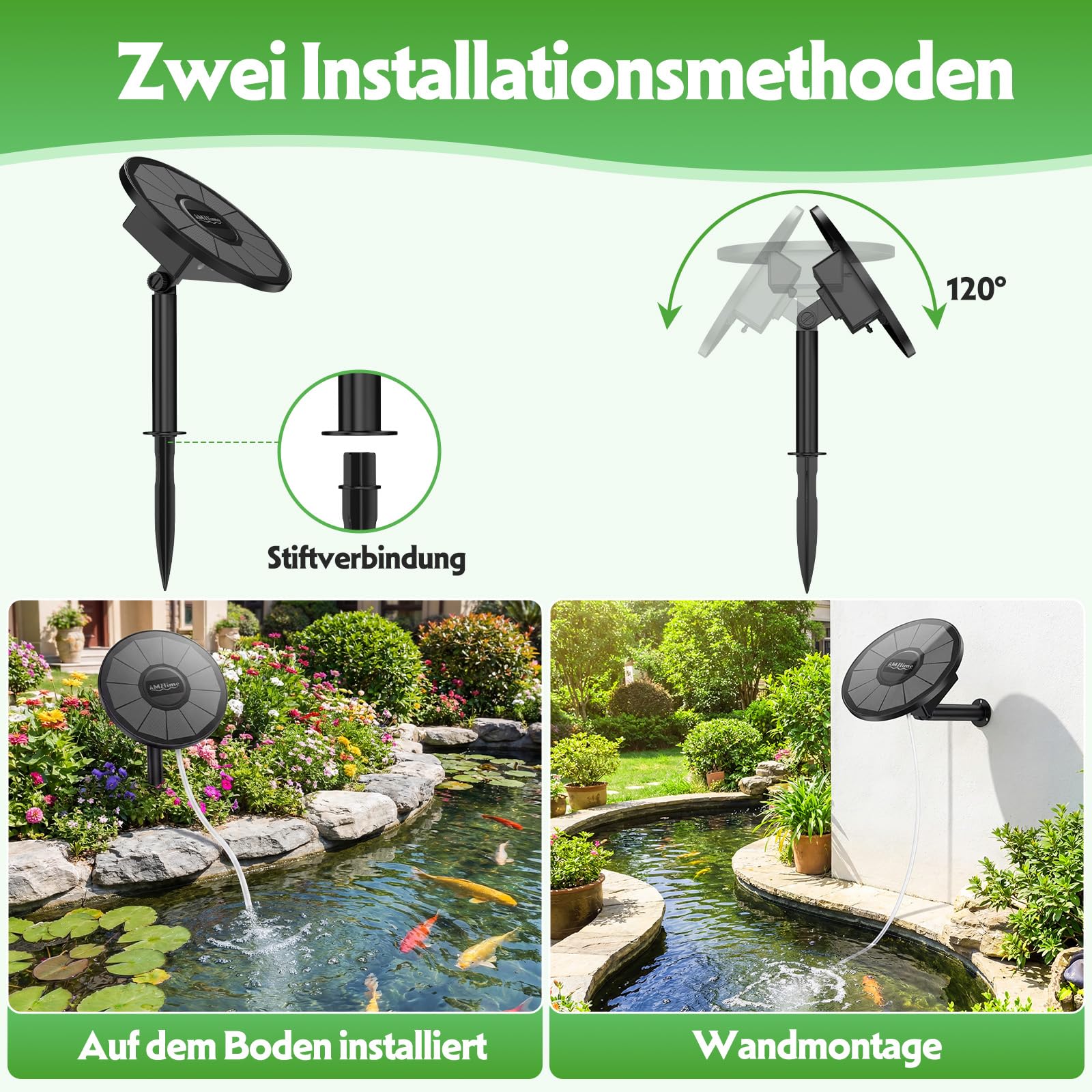 AMZtime 3W Solar Teichbelüfter mit 2200 mAh Akku, Integriertes Teichbelüfter Sauerstoffpumpe mit rundem Solarpanel, Sauerstoff Luftpumpe Teich 2 Modi 2 Luftsteine für Gartenteich, Angeln