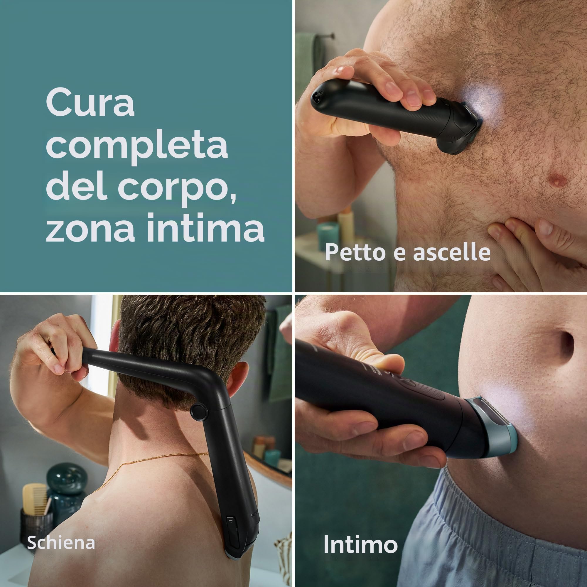 Philips Norelco Body Groomer 9000 Series, rasoio per uomini e sistema di rasatura intima con pulitore UV Cube e attacco posteriore regolabile, 100% impermeabile, BG9480/50