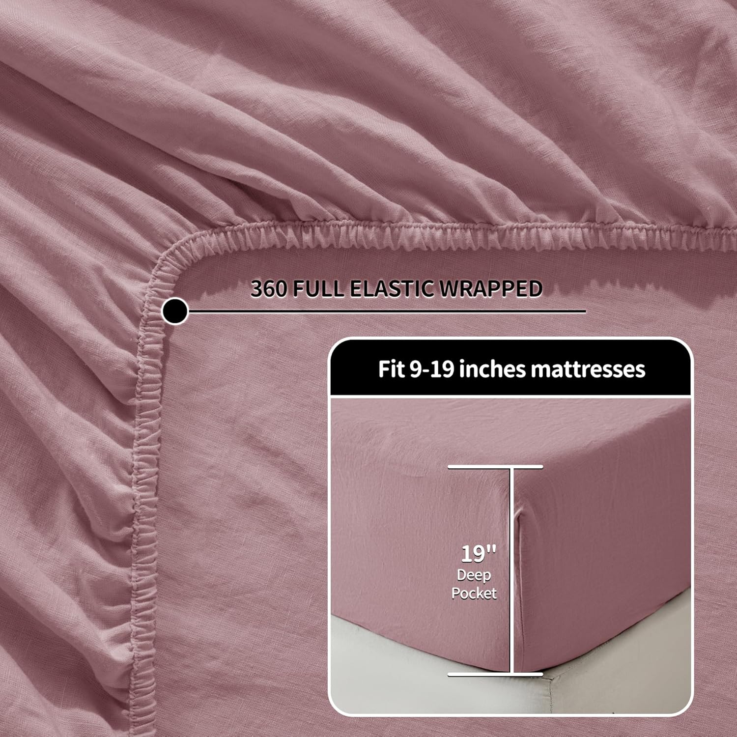 LBRO2M 100% Linen Sheet Set Deep Pocket Fit Up to 19" Bed Sheets Sets, Natural Flax Beddings Soft, Breathable, Comfortable for All Year Round 4 Pcs Sheet Set (King, Embroidery Purple)