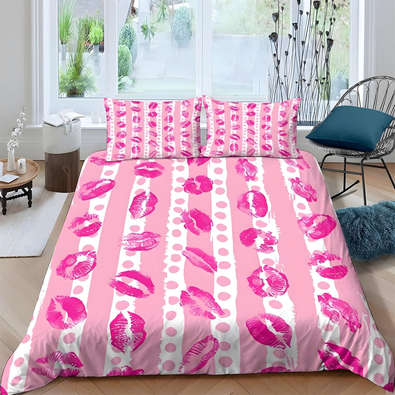 Ypthriline Double Bedding Set Lip Prints Bedding Set Microfiber Pink Stripes Duvet Covers with Pillowcases Reversible Bedding With Zipper Closure 200x200CM