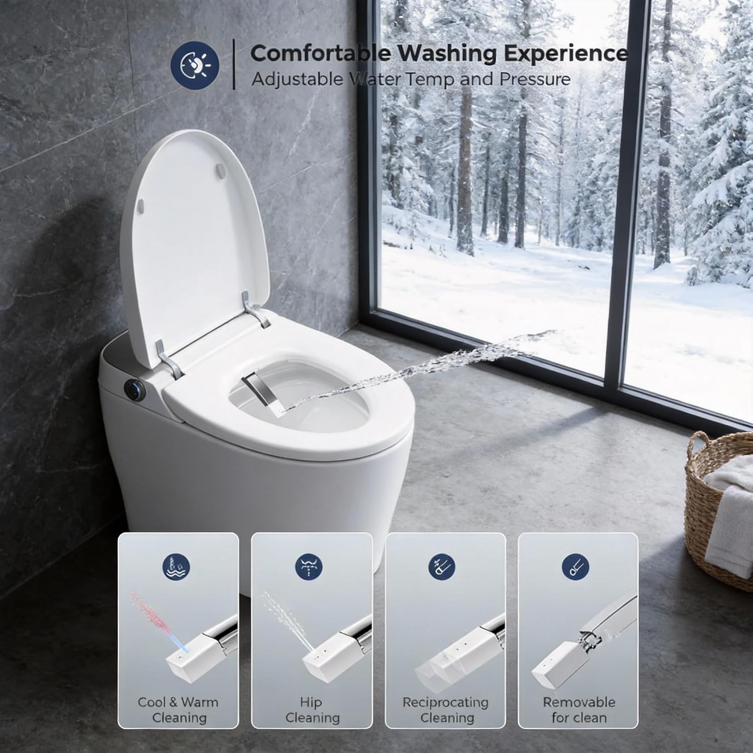 ‌VANCOCO Smart Toilets with Built-in Bidet,One-Piece Toilets with Toilet Bidet,Smart Toilets and Bidets with Night Light  Heated Seat,Warm Water Wash  Air Dryer