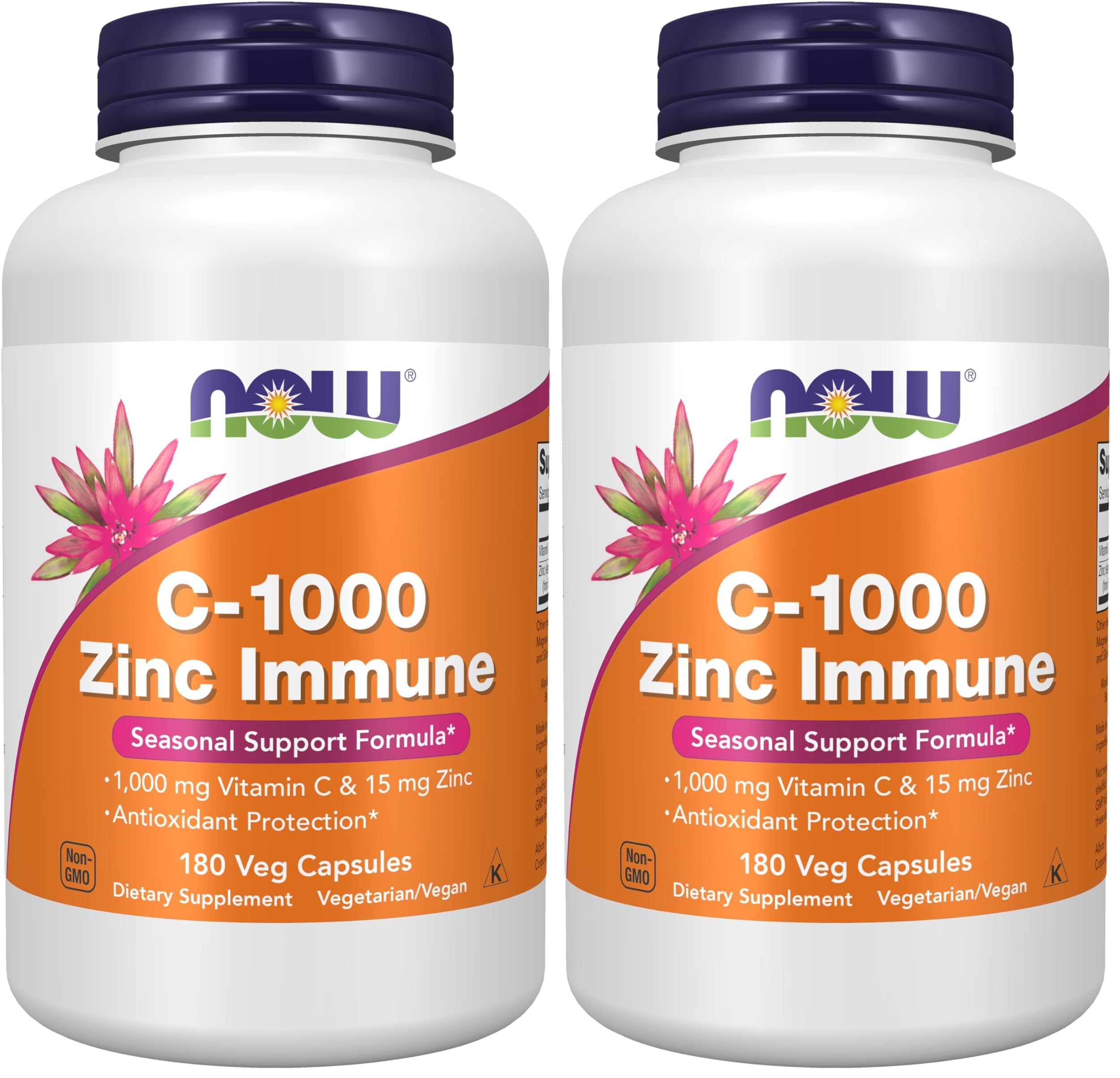 NOW Foods Supplements, C-1000 & Zinc Immune, Seasonal Support Formula*, Antioxidant Protection*, 180 Veg Capsules, (Pack of 2) 180 Count (Pack of 2)