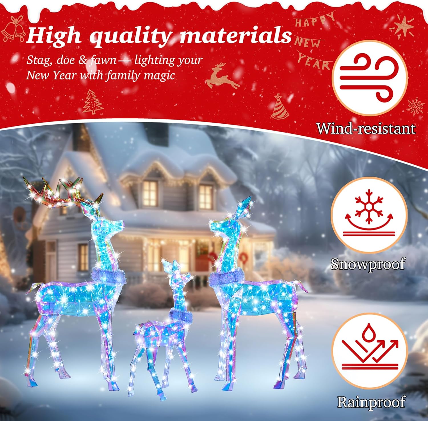 54 Inch 3D Colorful Large Lighted Christmas Deer Decorations 3-Piece Outdoor Holiday Decorations Reindeer Set with 300 Warm White LEDs, Large Yard Display for Garden, Storefront - Image 4