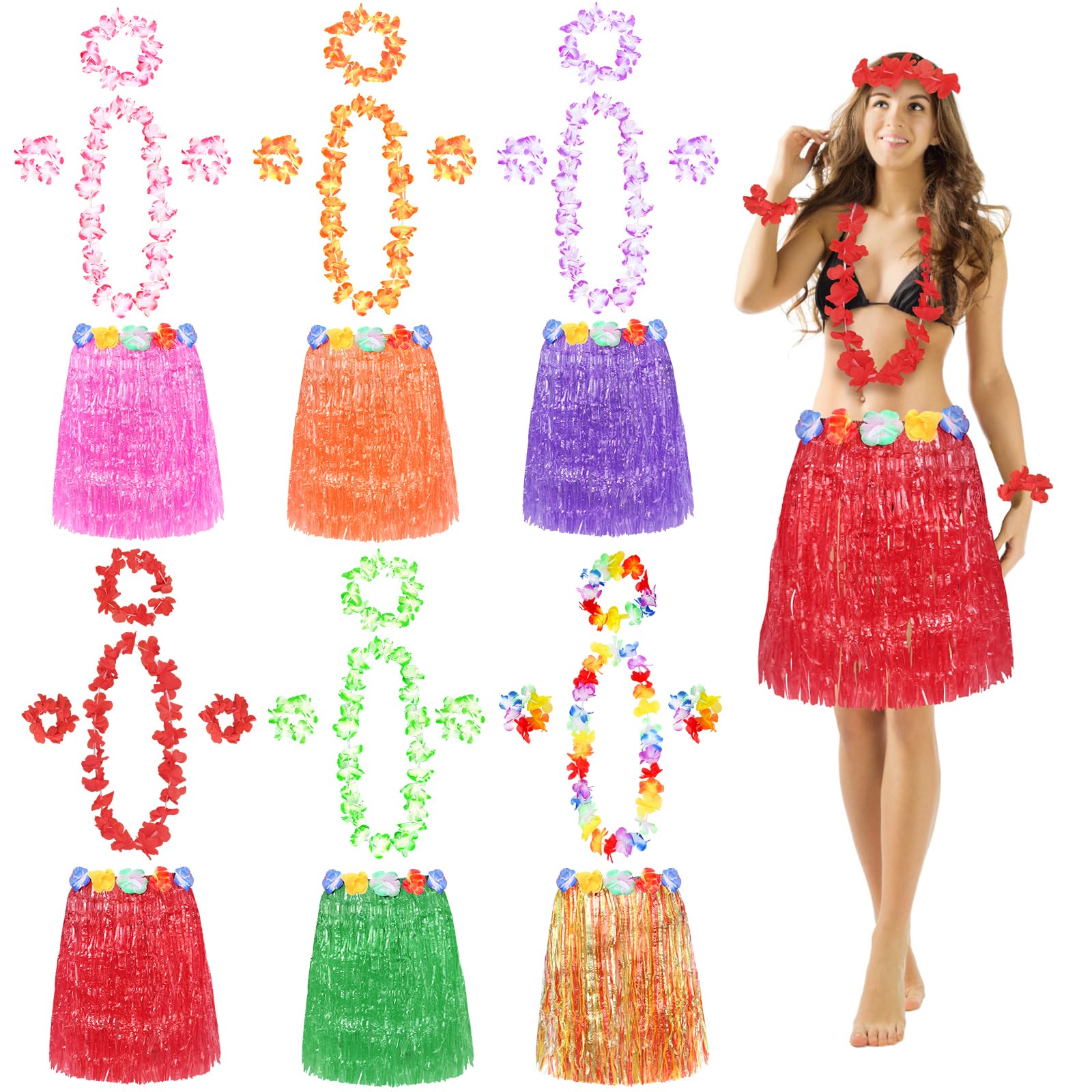 LOHAME Luau - Juego de 6 conjuntos de disfraces hawaianos con falda de hierba hawaiana - guirnaldas hawaianas - Pulseras hawaianas Leis - Collares de banda - Faldas hawaianas Luau-para playa Luau -
