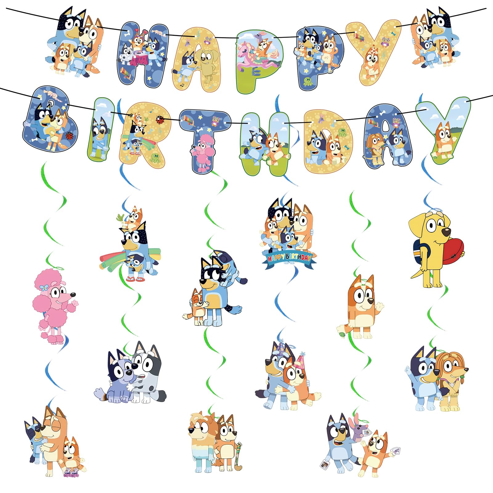 bly 14PCS Bluey Geburtstagsdeko, Bunting Girlande und hängende Dekoration, Happy Birthday Banner Dekorationen, Gute zum Geburtstag Banner Dekorationen, Bluey Thema für Kinder Geburtstag Party