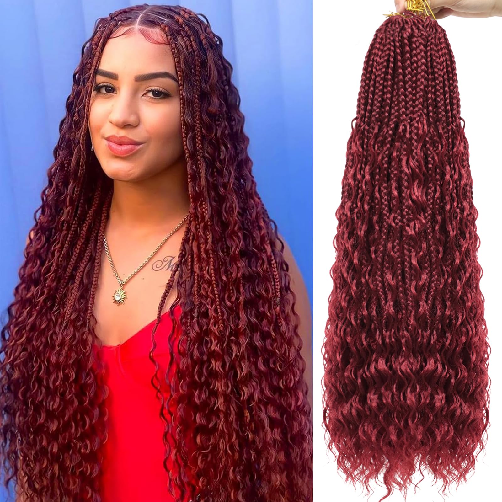 Eeanno Goddess Box Braids Crochet Hair Curl 24 Inch 7 Packs Burgundy Pre Looped Boho Crochet Braids with Curly Ends for Black Women, BUG