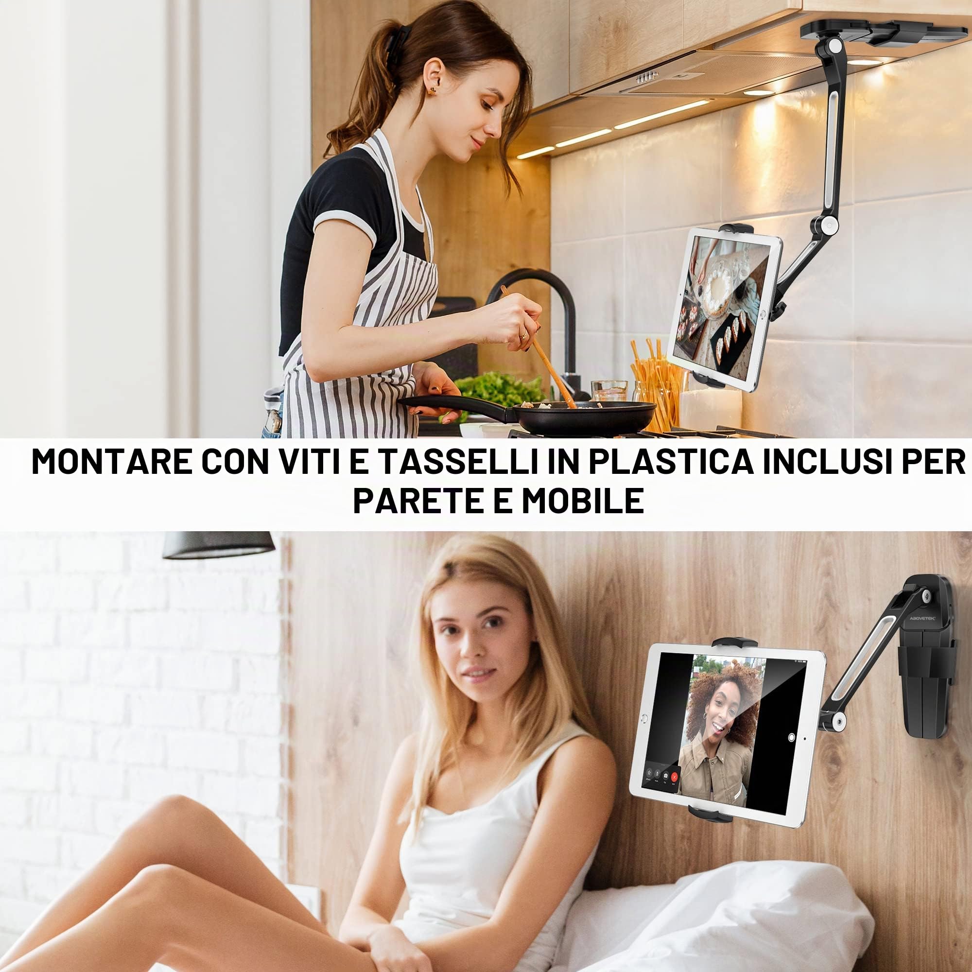 AboveTEK 2-in-1 Supporto per Tablet da Cucina o Parete - Supporto per Tablet Universale Portatile da 4,7 a 13,5 Pollici, Porta per Cellulare, 4 PT Wobble Free Mount