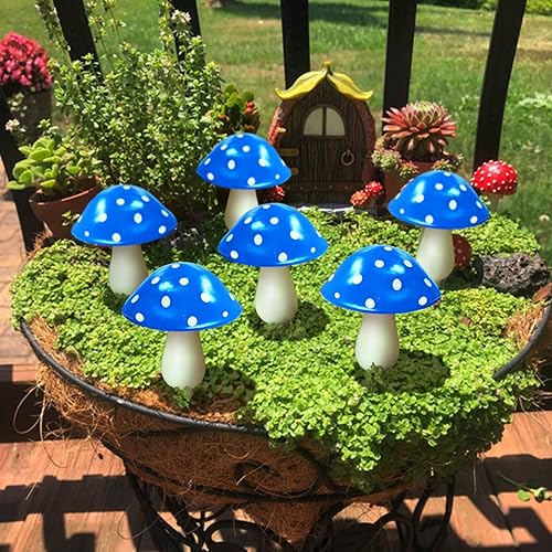 Miniatura 7 de Paquete de 6 luces solares azules para jardín, luces de estaca de hongos alimentadas por energía solar para decoración de patio al aire libre,