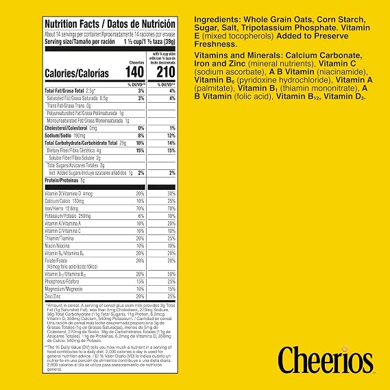 Cheerios, Heart Healthy Gluten Free Breakfast Cereal, Giant Size, 20 oz | 100% Whole Grain Oats, Soluble Fiber for Cholesterol, 34g Whole Grain, 11 Vitamins & Minerals