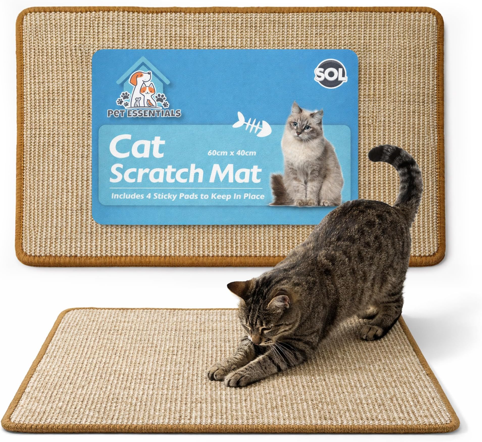SOL Cat Scratching Mat 60cm x 40cm, Cat Scratcher Pads Made from Durable Sisal Fabric with Anti-Slip Backing, Protection for Furniture Sofa, Encourages Scratching for Kitten Play, Claw Maintenance