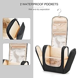 Travel Hanging Toiletry Bag for Women and Men, 6 Organizer Compartments, Holds Full Size Bottles, Extra Large Cosmetic Accessories, Makeup essentials, Bathroom Water-resistant Toiletries Bag, Black