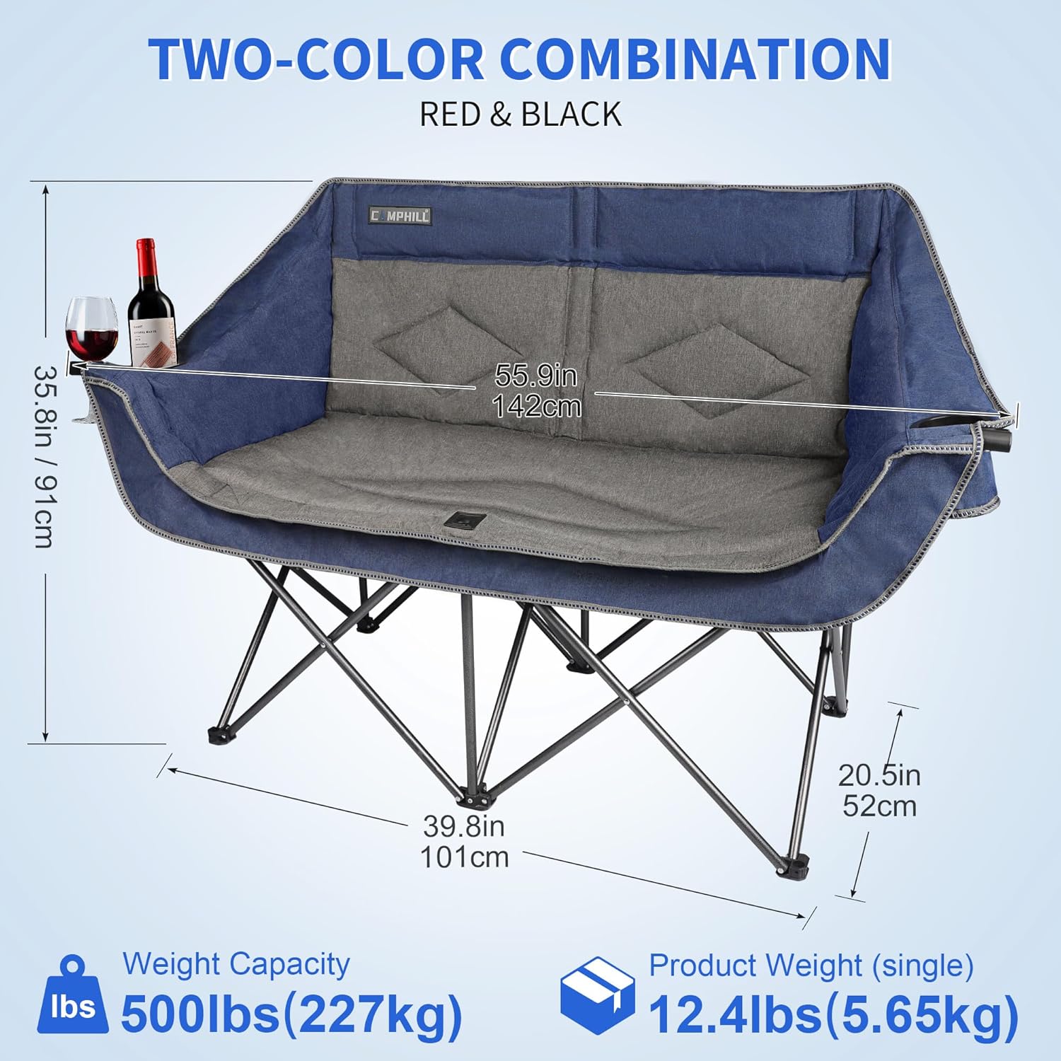 oversized double camping chair-heavy duty 2 person folding loveseat camp couch for adults,portable outdoor lawn chairs with padded seat for fishing,sports and patio,supports 500 lbs,blue