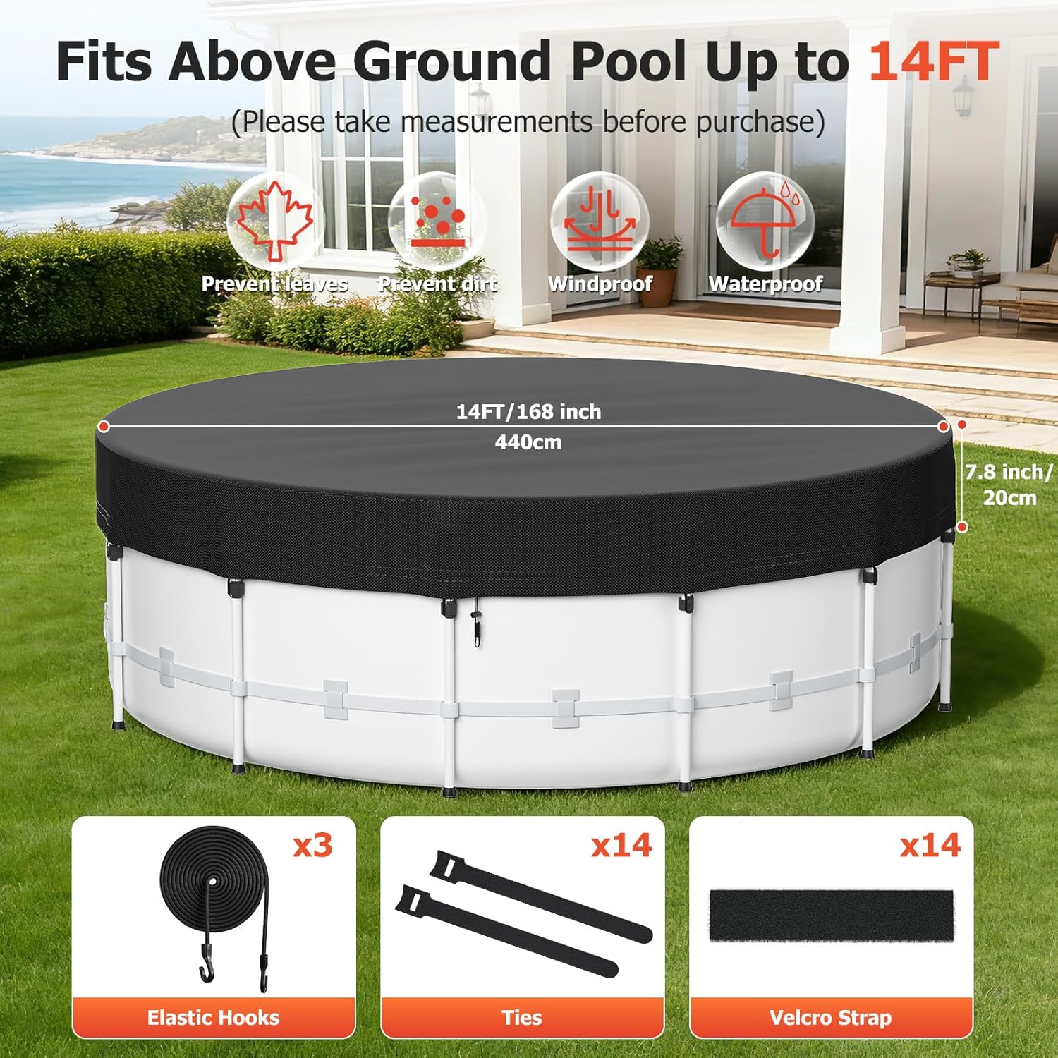 14 Ft Round Pool Cover for Metal Frame Above Ground Pools - Upgraded Windproof Design Compatible with Intex/Bestway Frame Above Ground Outdoor Swimming Pool (Black)