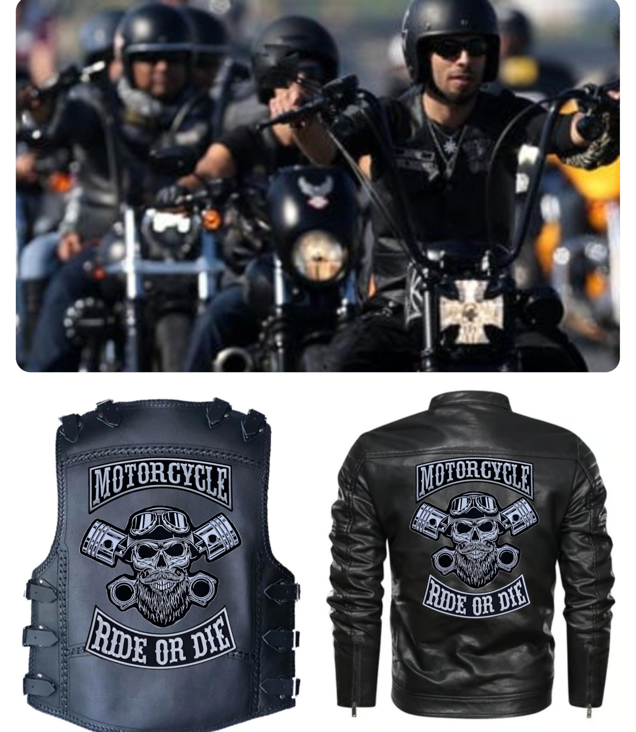 Set 3 Toppe ricamate Biker " Ride OrDie Motorcycle " + Punck Skull XXL Patch Termoadesive per gilet e giubbotti moto, per decorare giacche da moto, Ricamo su accessori fai da te. (Set completo)