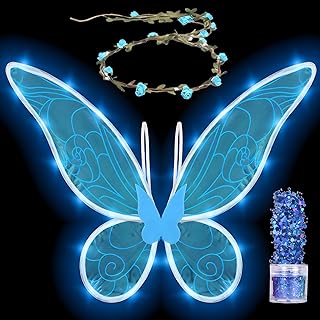 Funcredible Blue Fairy Wings Set with Crown and Glitter - Perfect for Girls, Women and Kids - Halloween Costume Cosplay Dress Up (Light Up)