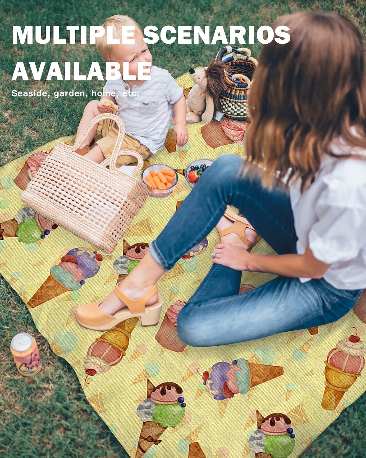 Vintage Sweet Cake Ice Cream Beach Blanket Waterproof Sandproof Outdoor Picnic Mat 95"x80" Retro Summer Lightweight Large Beaach Blankets with 4 Stake & 4 Corner Pockets