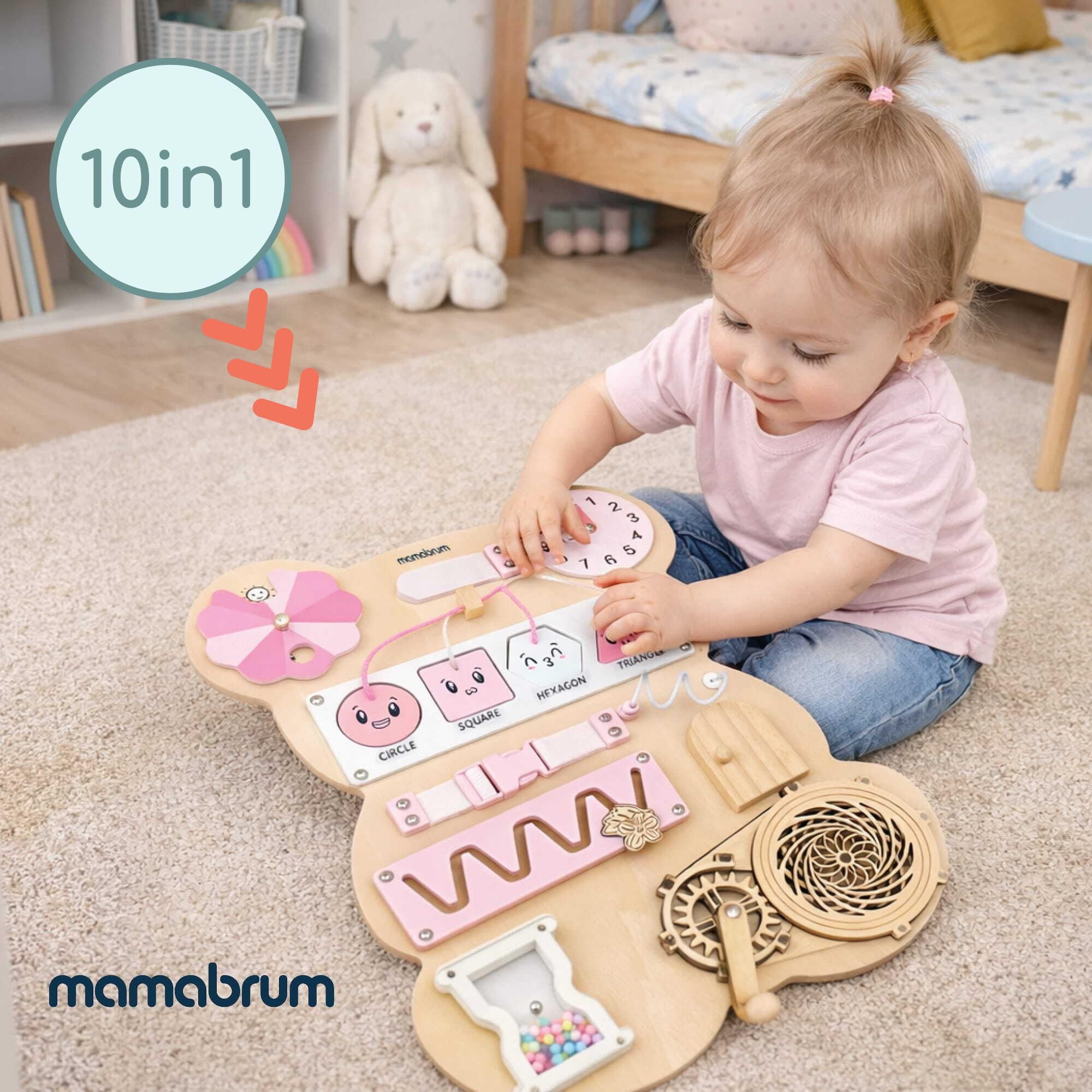 mamabrum Orsacchiotto sensoriale in Legno, 10 in 1, Giocattolo educativo Montessori per Bambini, Naturale/Rosa, abilità motorie e creatività, 29,8 × 39 × 7 cm