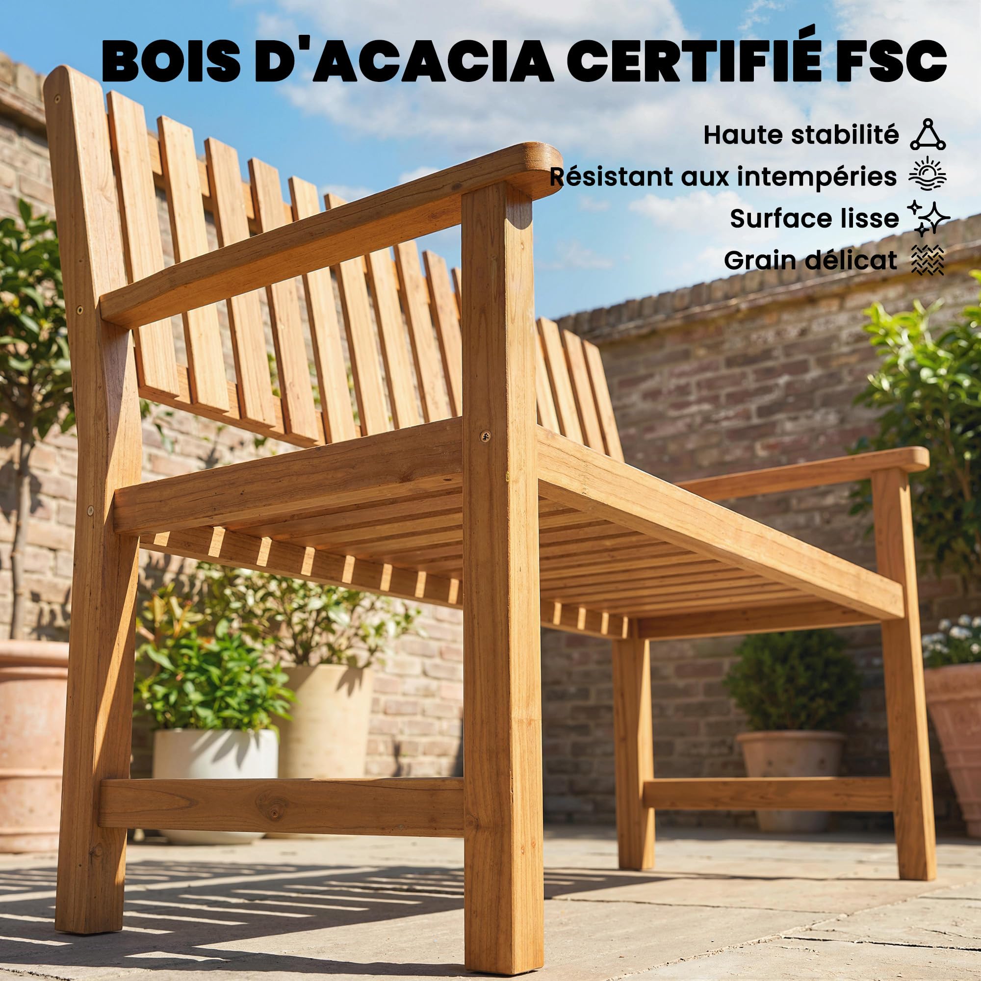 Outsunny Banc de Jardin 2 Places en Bois d'Acacia - Banquette de Terrasse Charge Max. 320kg - Mobilier pour Aménagement Robuste avec Accoudoirs, Design à Lattes Ergonomique, Finition Huilée Naturelle