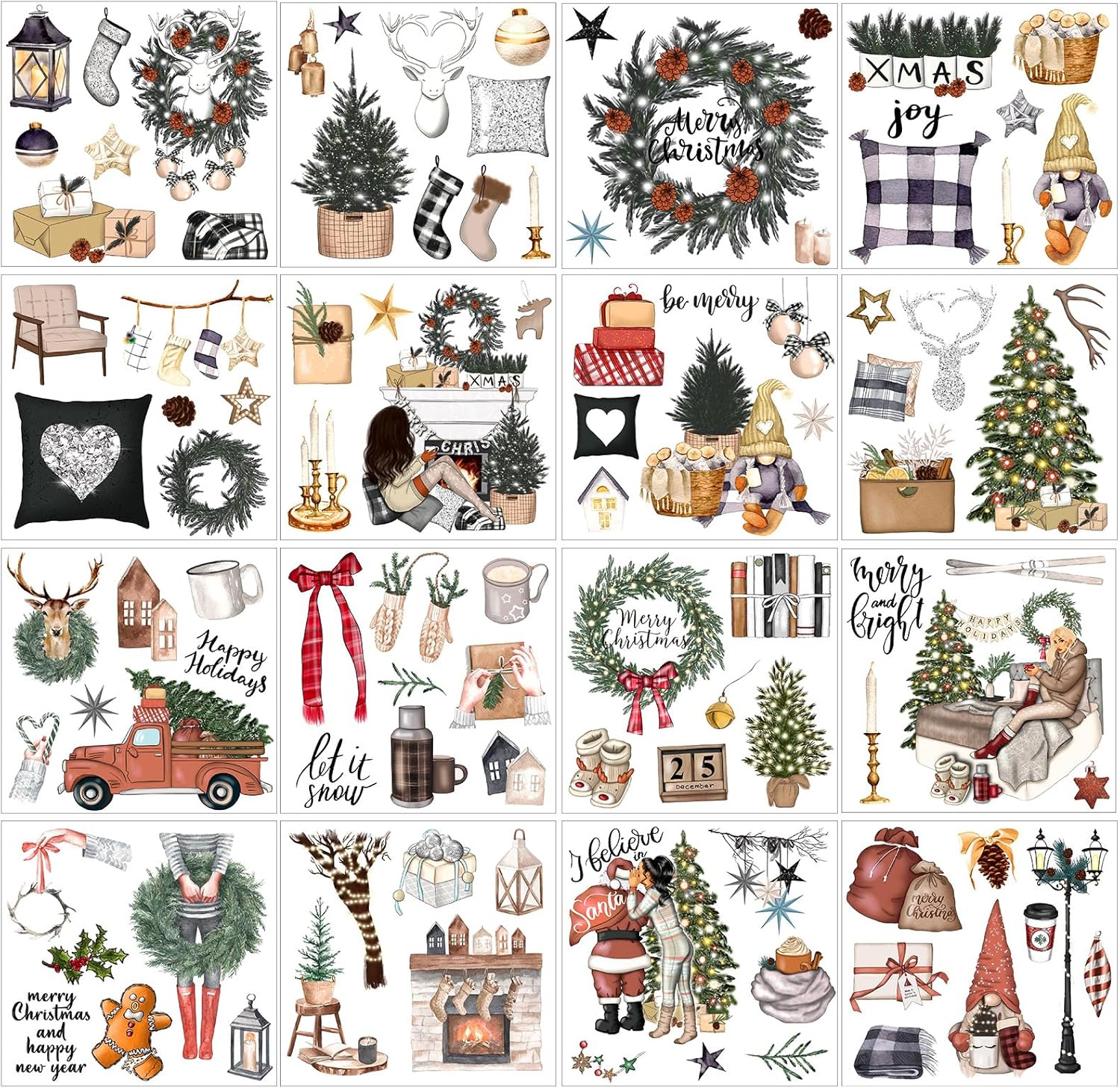 Harloon 16 Pcs Christmas Rub on Transfers Rub on Transfers Stickers Vintage