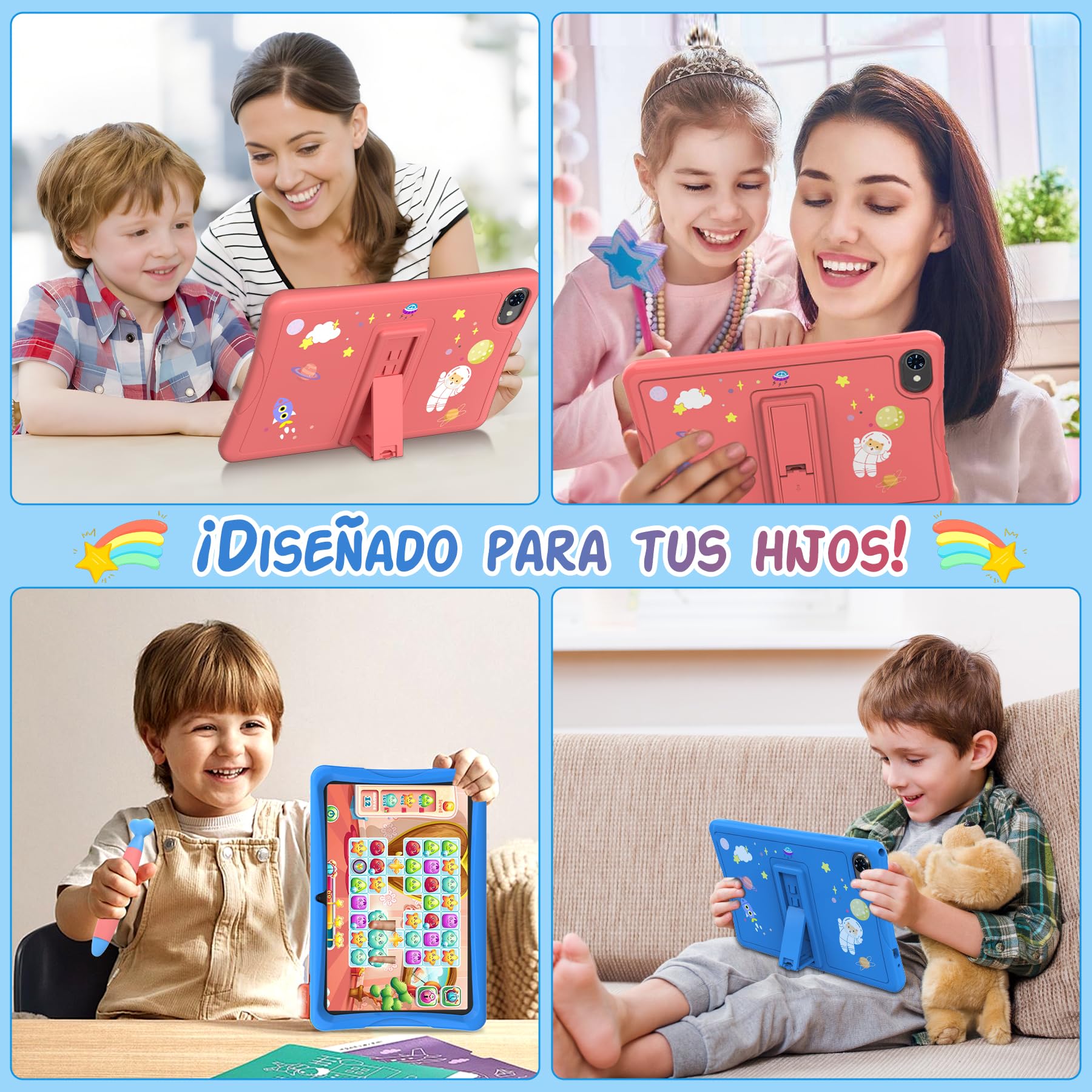 TABWEE K10 Tablet para Niños 10 Pulgadas, 12 GB RAM+64 GB ROM (TF 2 TB) | Tableta Infantil con Google Kids Space, Tableta Educativa para Niños con Wi-Fi, Control Parental, Funda Rosa