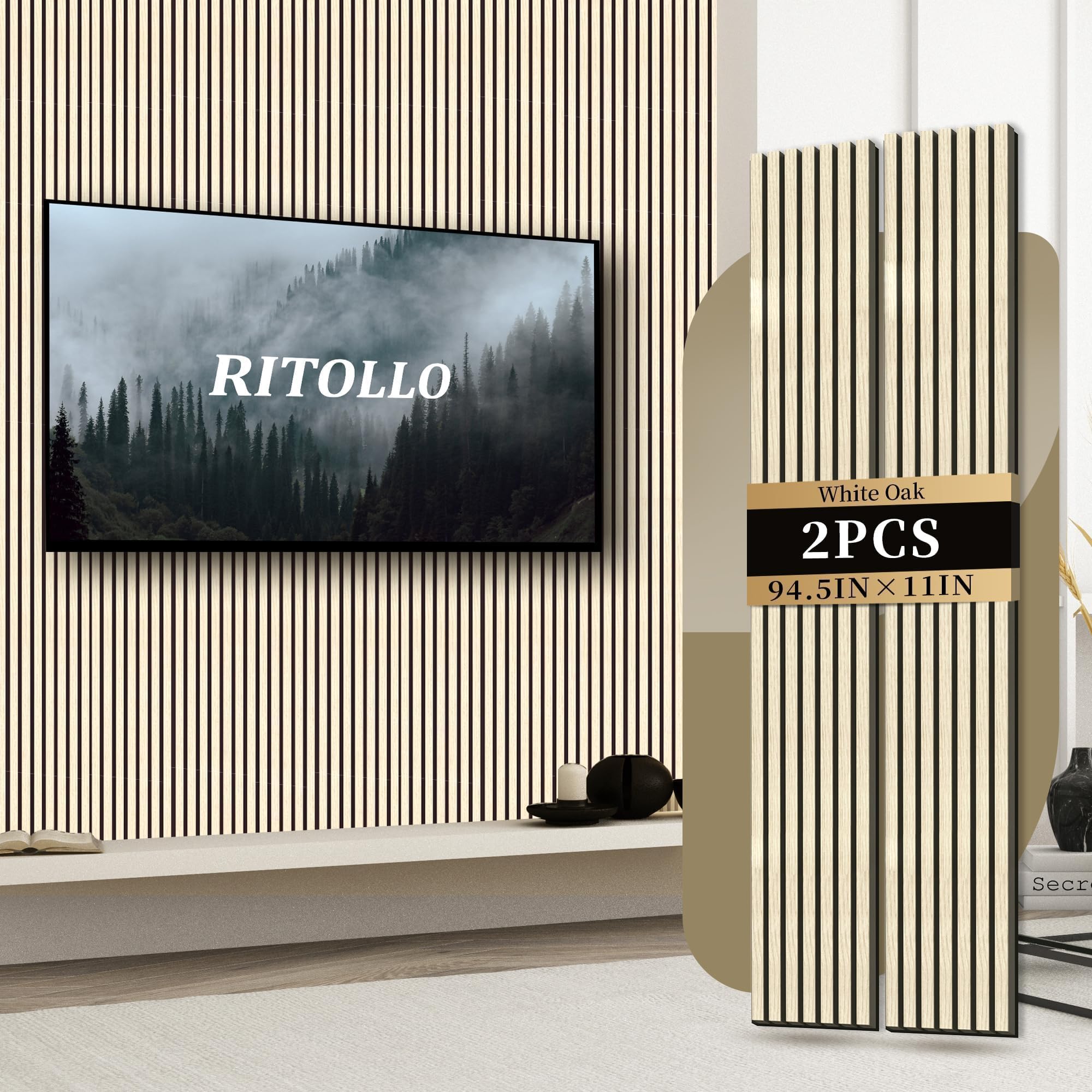 RITOLLO Wood Slat Panels for Wall 2-Piece 94.5"×11" Acoustic Panels for Interior Wall Decor 3D Fluted Sound Absorbing Panel - Natural Oak