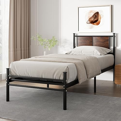 Miniatura 3 de Base de cama tamaño individual XL con cabecera de madera rústica, marco de plataforma de metal resistente, soporte de listones de acero resistente,
