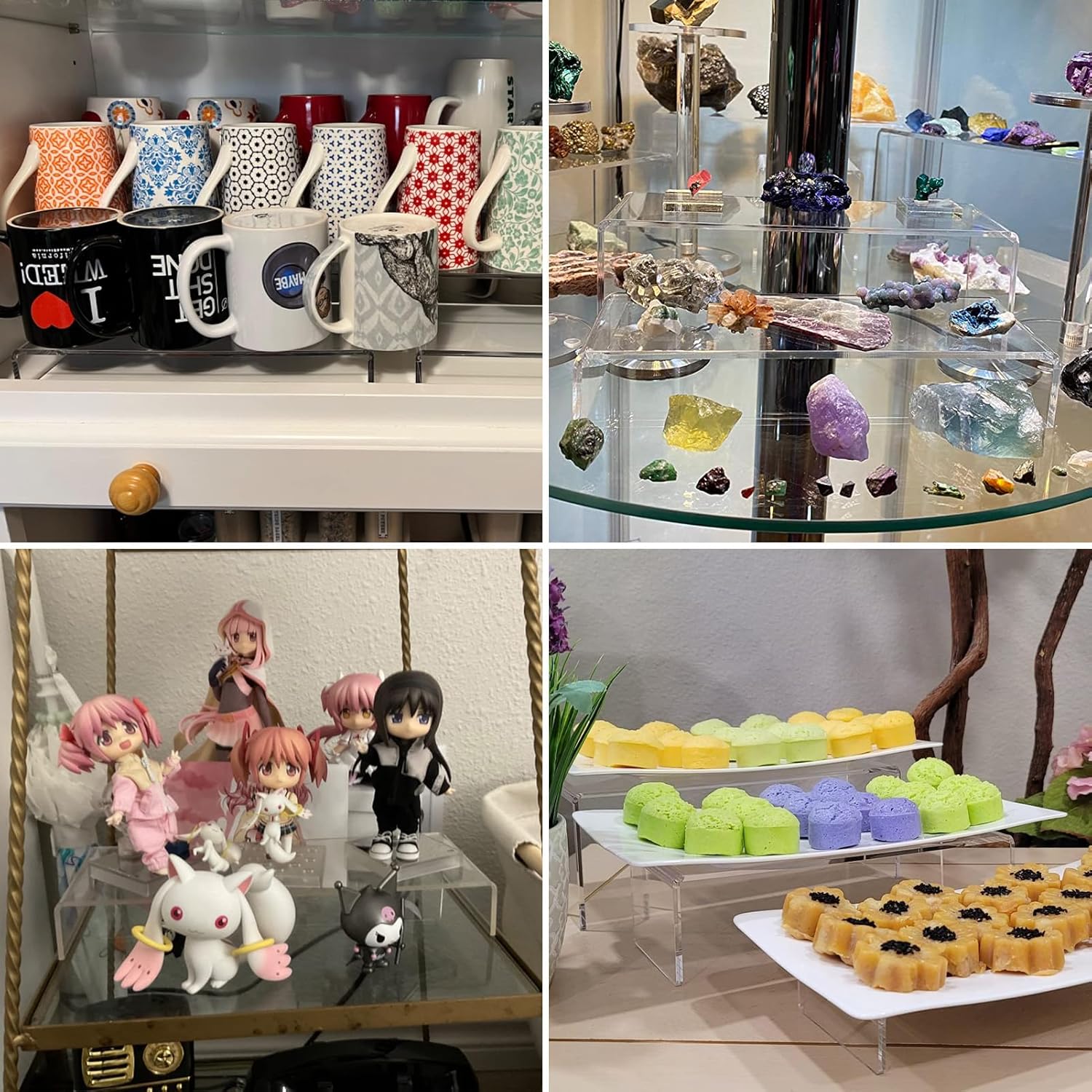 Albumgit Acrylic Display Risers, 8 Pieces Clear Rectangular Tabletop Display Stand for Amiibo Funko POP Figures, Collectibles Jewelry Food Cupcake Dessert Risers Shelf for Decoration and Organizer