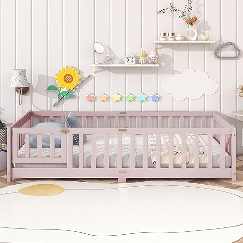 Miniatura 58 de Harper & Bright Designs Cama de suelo tamaño Queen con valla y puerta, marco de cama Montessori de madera para niños, niñas, listones incluidos, no