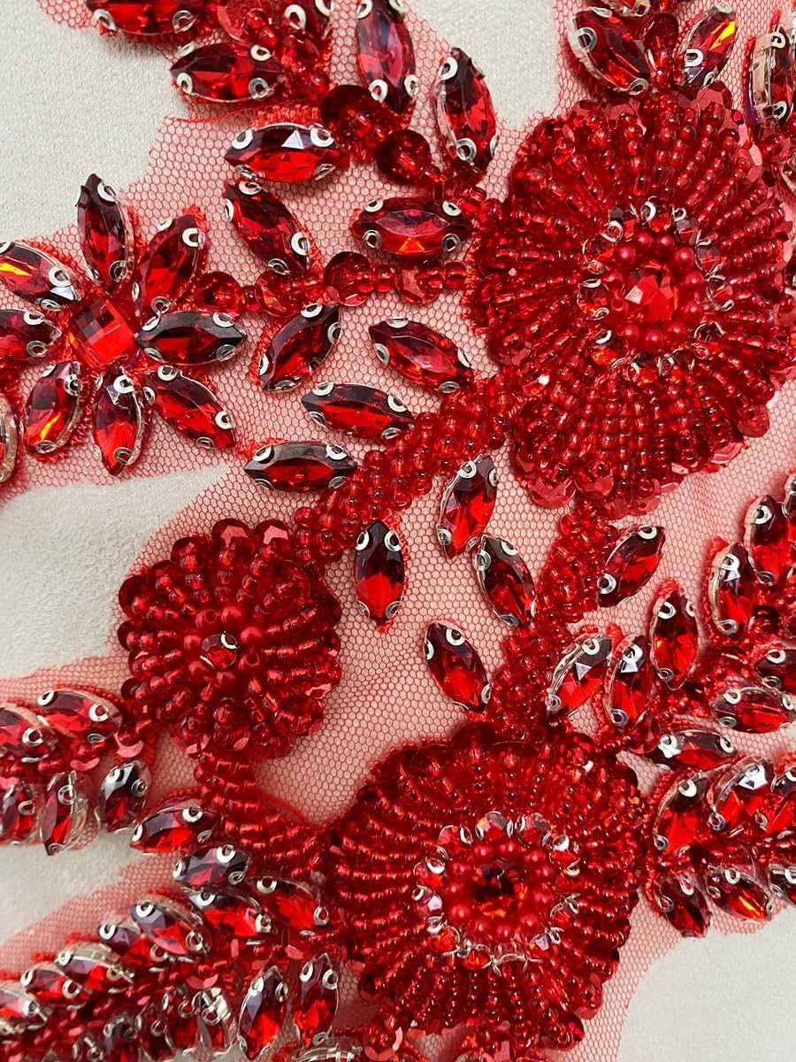 Two Colors Handmade Beaded Crystal Patches Bodice Lace DIY Applique Patches Accessory for Dress Clothes 1 Pair 8X12inches (Red)