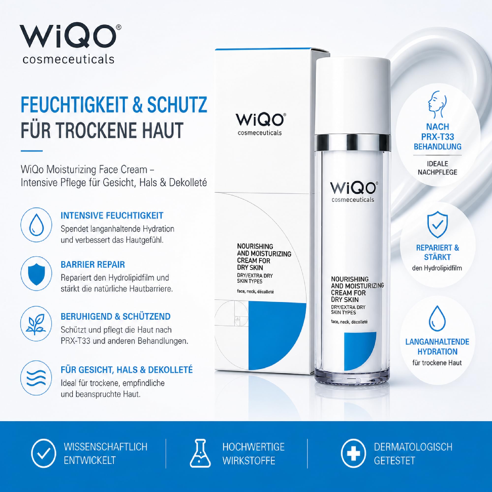 WiQo Moisturizing Face Cream 50ml – Feuchtigkeitscreme für trockene Haut – PRX-T33 Nachpflege, Repair, Hydration, Gesicht Hals Dekolleté