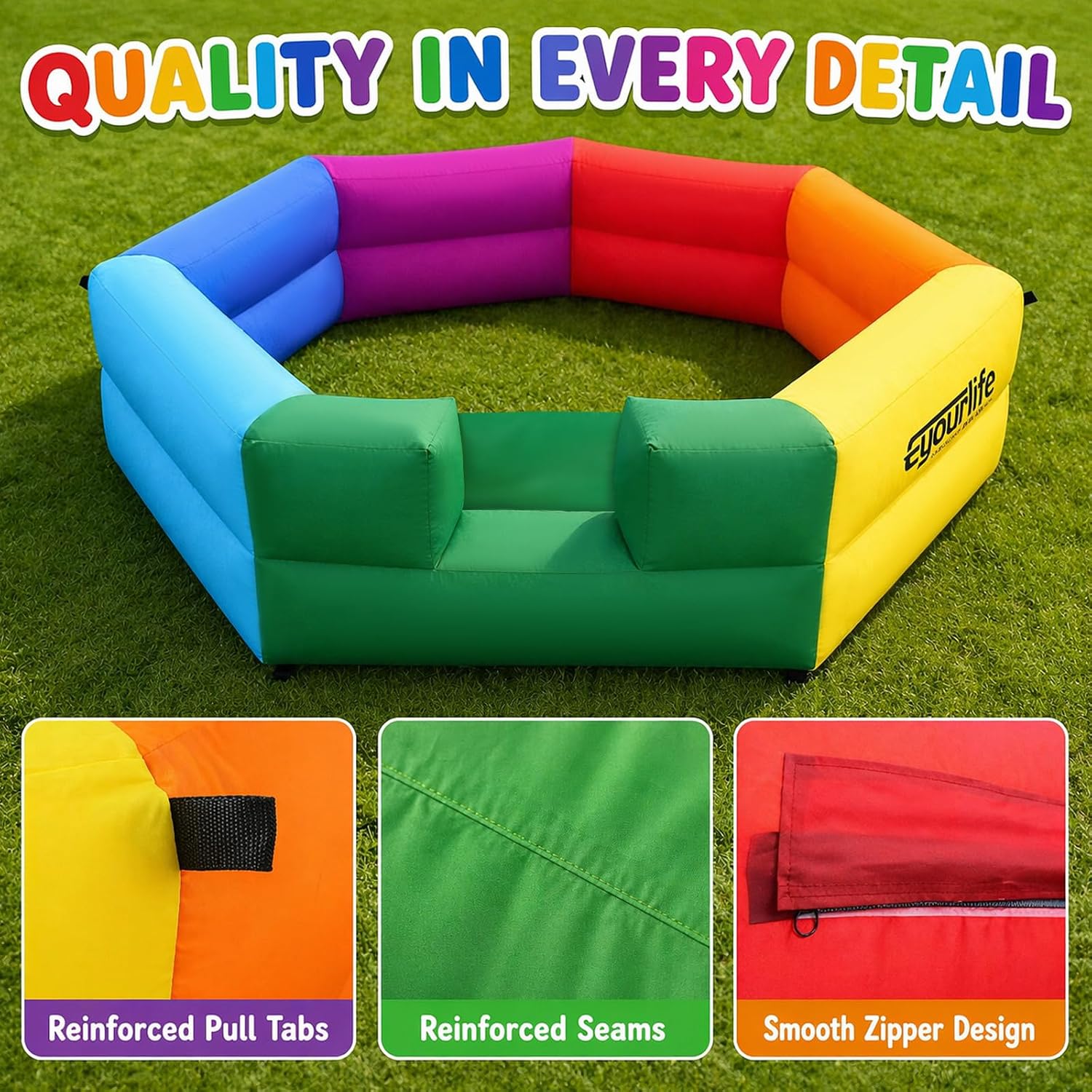 Inflatable Gaga Ball Pit- 7-Sided Arena with Built-in Blower, Unique Heptagon Design for Non-Stop Play, Portable for Backyard, Park & Family Games (Multicolor, 15FT)