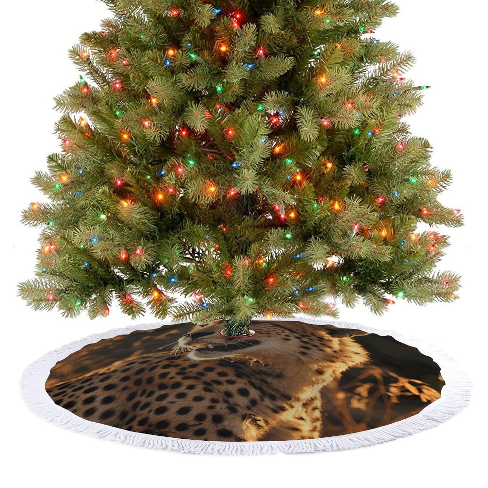 Cheetah Christmas Tree Skirt 30"x30" Rustic Xmas Tree Mat with Tassel Ornament Christmas Trees Cover Skirt Mat for Evergreen Trees Ornament Winter Holiday Mats Decorations