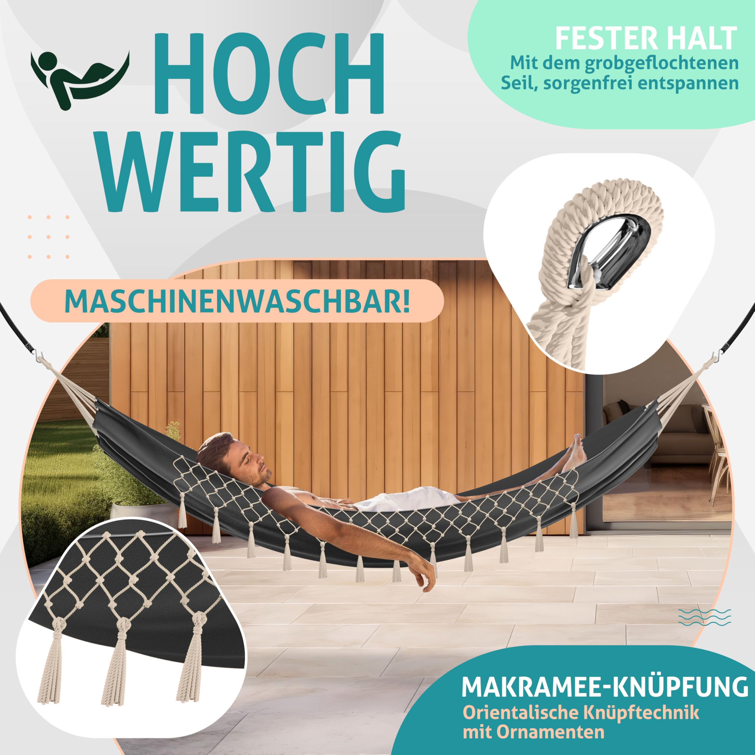 KESSER® Hängematte 320x150 cm belastbar bis 300 kg, wetterfeste & atmungsaktive Tuchhängematte mit Fransen für 1-2 Personen – Ideal für Camping, Garten & Outdoor, inkl. Beutel, Seile & Gurte,Anthrazit