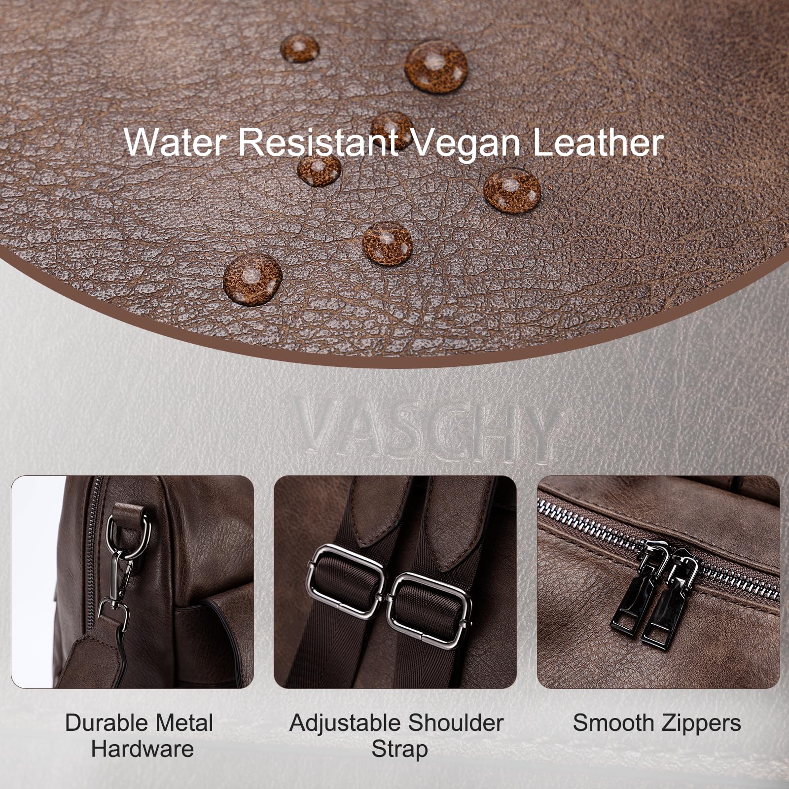VASCHY Sac a Dos Femme, Grand Antivol 2 en 1 Sac à Main Porté Dos en Cuir PU Élégant Poches Multiples Set de Sac à Dos Fille avec Pochette pour Travail Voyage École Café