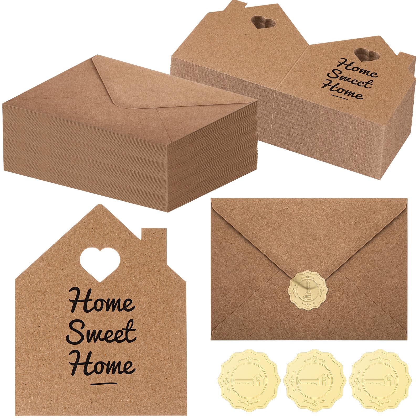 Motiskyy 24 Sets New Housewarming Cards Bulk with Envelope Stickers Large Congratulations Welcome to Home Card 5 x 8.6 Inch House Shaped Greeting Thank You Note(Brown)