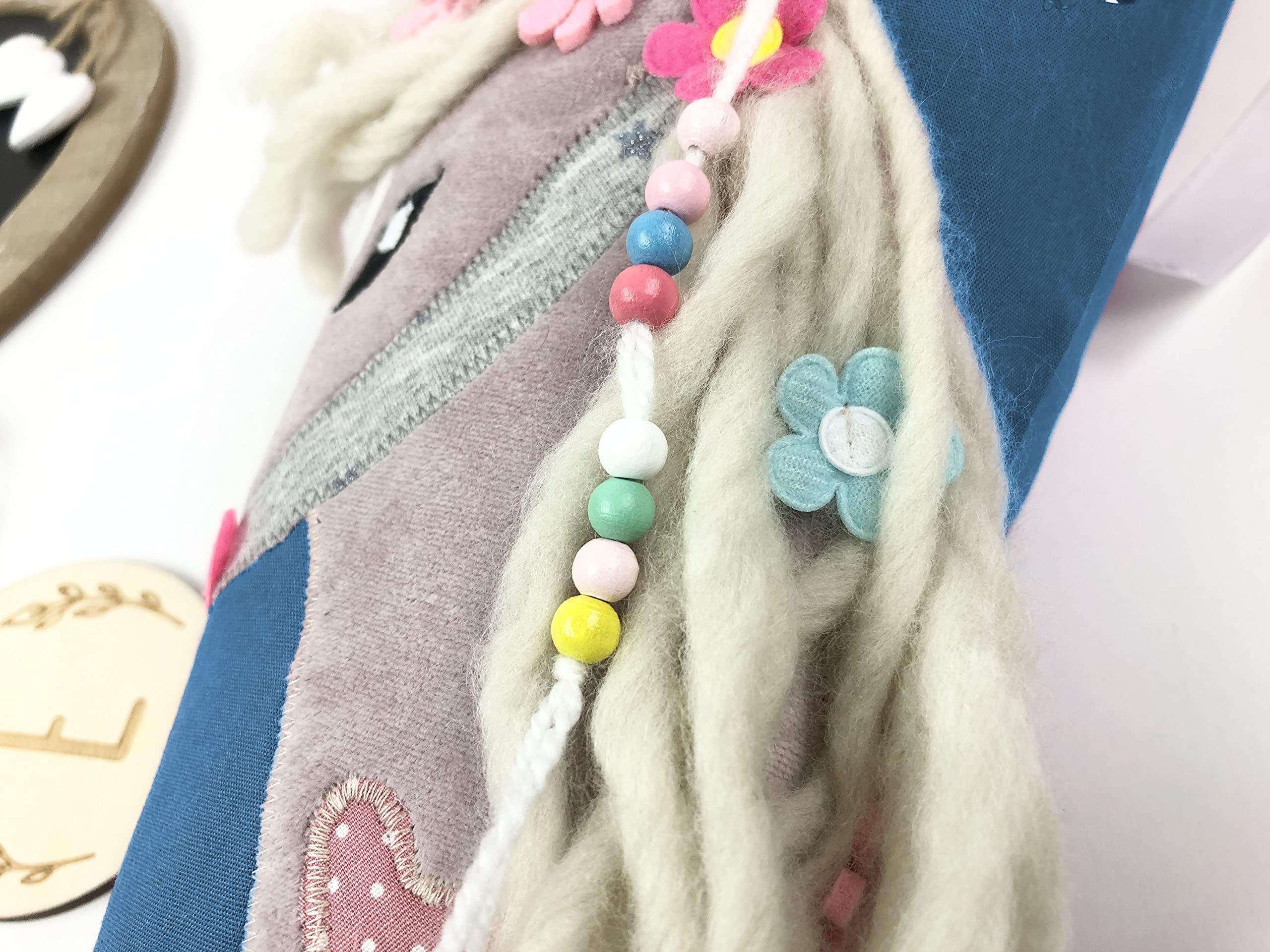 Schultüte/Zuckertüte Pferd mit Namen in blau und rosa zur Einschulung für Mädchen, aus Stoff, mit Kissen bestellbar